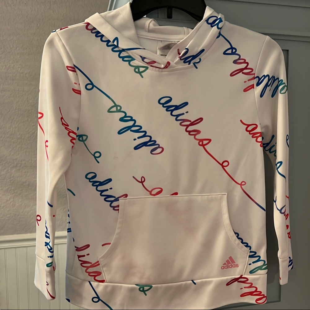 Adidas White Hoodie with Multicolor Script